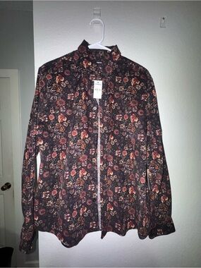 Men's Floral Button-Up Shirt - Black with Rust & Brown Floral